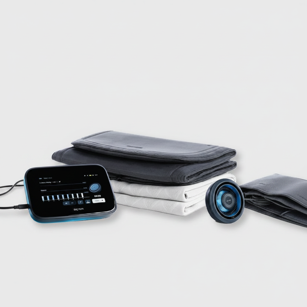 BEMER PEMF therapy mat and controller on editorial studio backdrop