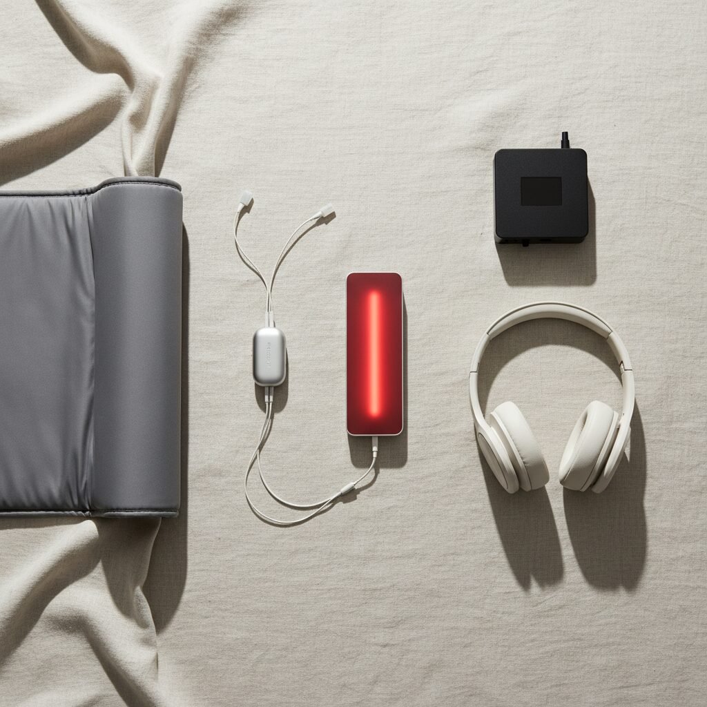 Flat lay of frequency wellness devices: PEMF mat, red light panel, microcurrent, headphones, generator