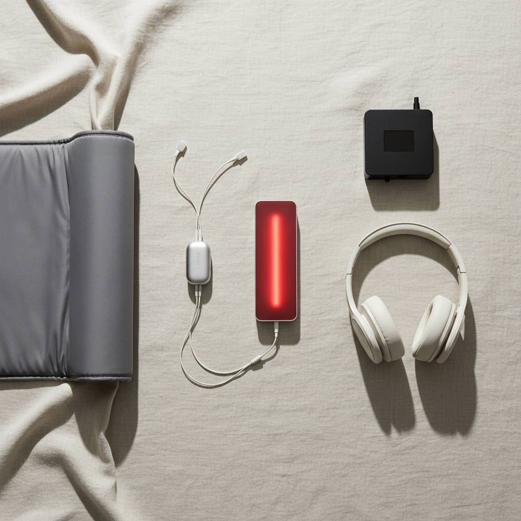 Flat lay of frequency wellness devices: PEMF mat, red light panel, microcurrent, headphones, generator