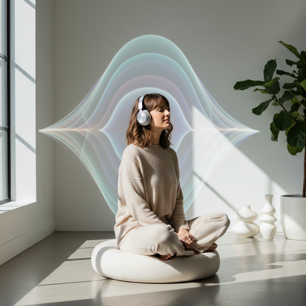 Woman with premium headphones in serene wellness space with subtle sound wave light