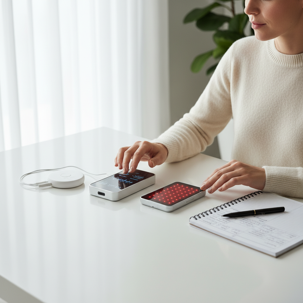 Woman comparing frequency wellness devices at bright minimalist desk with notebook