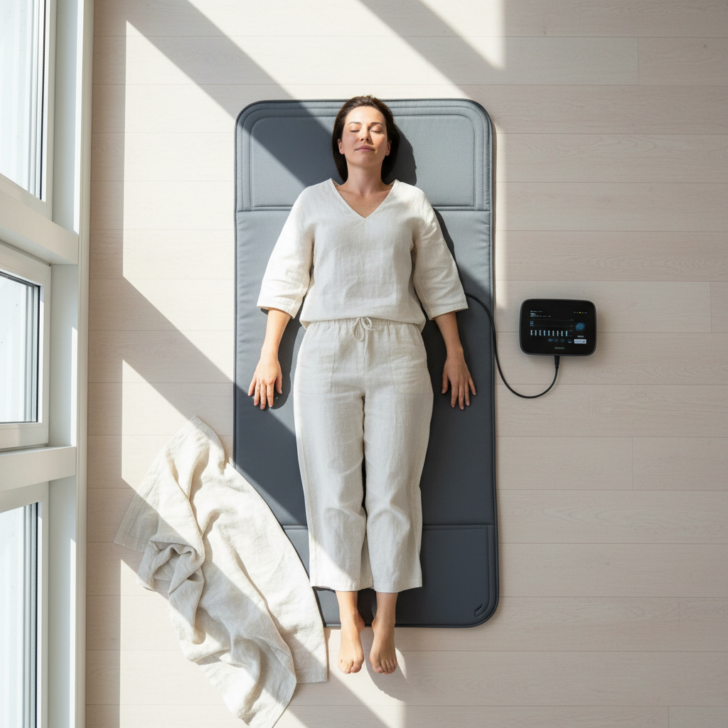 Person relaxing on PEMF therapy mat in bright minimalist wellness space