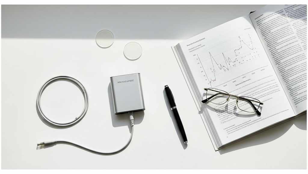 Microcurrent device with research journal and reading glasses on bright desk
