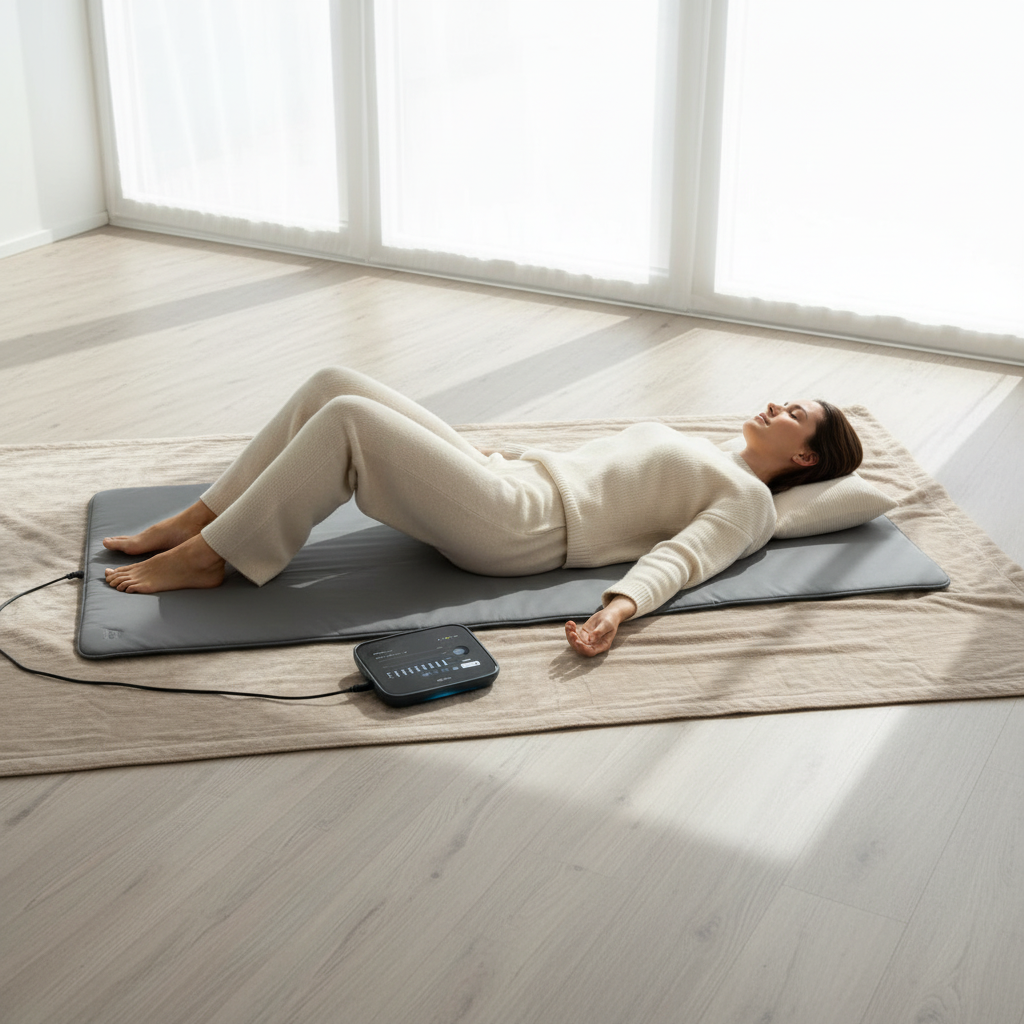 Woman lying peacefully on PEMF therapy mat with control unit