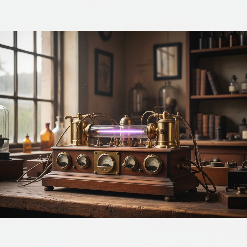 Vintage frequency generator apparatus with glowing plasma tube on workbench