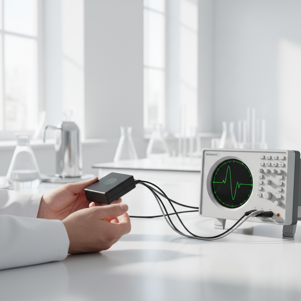 Frequency generator connected to oscilloscope showing sine wave in bright modern lab