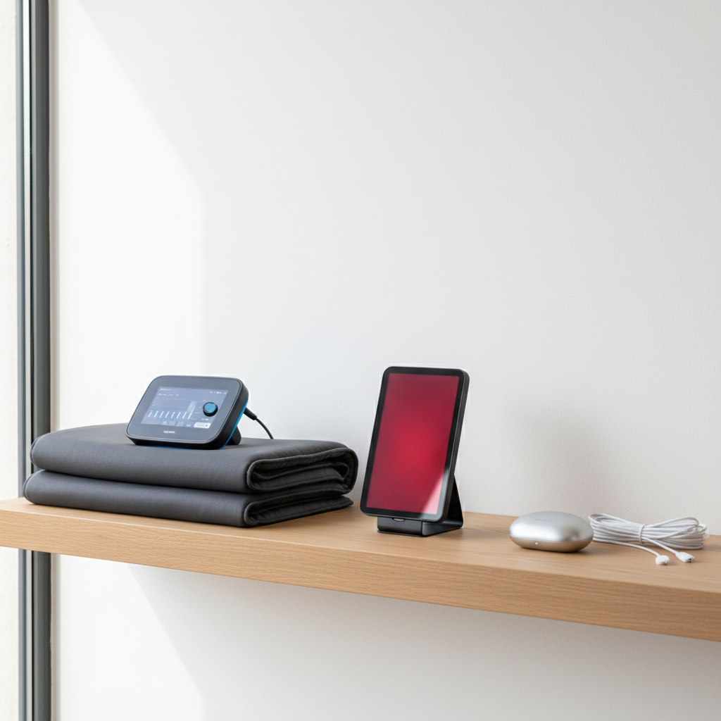 Three frequency wellness device categories on an oak display shelf — PEMF mat, red light panel, microcurrent device