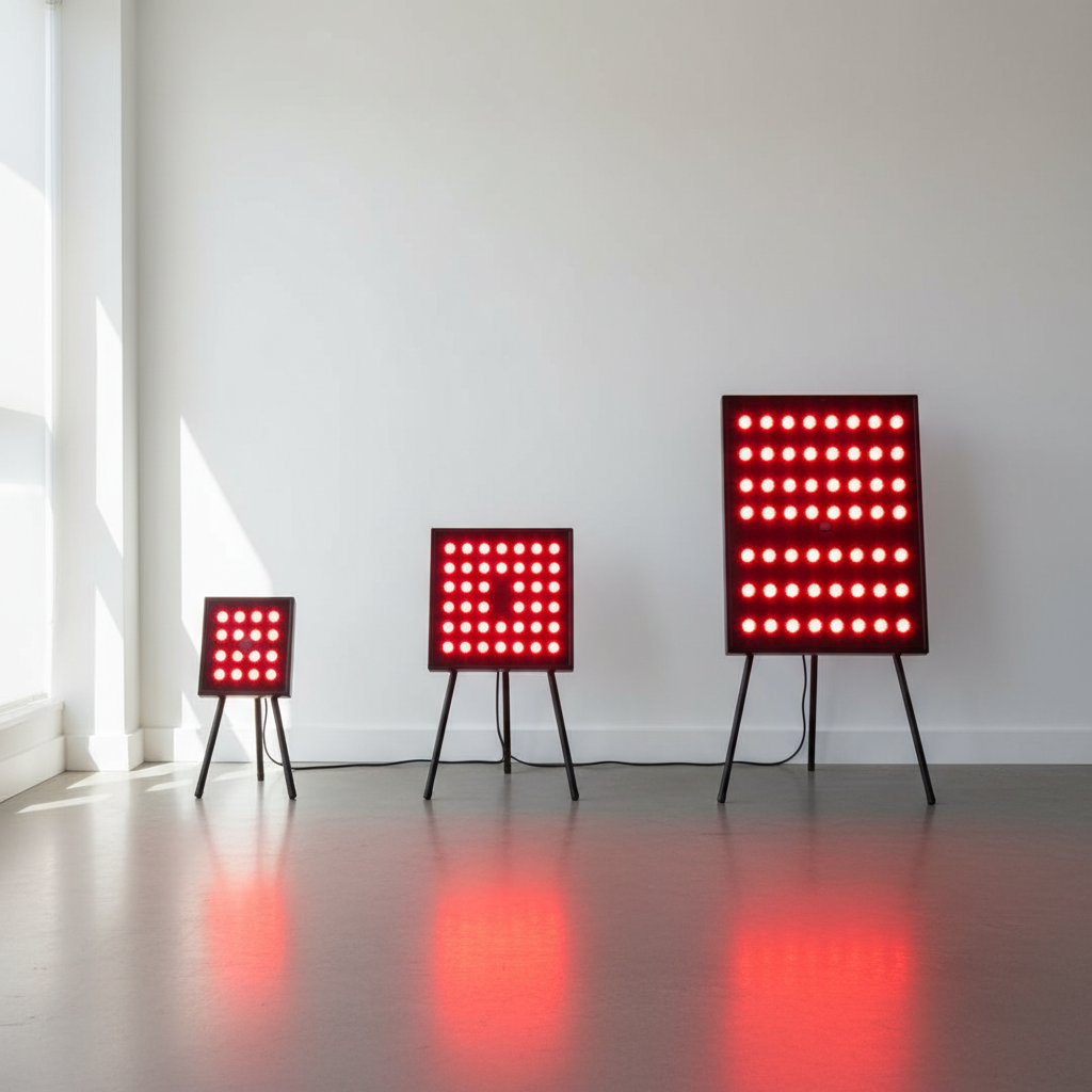 Three red light therapy panels of different sizes side-by-side glowing warm red