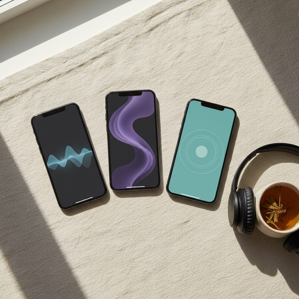 Three smartphones showing audio wellness app interfaces with premium headphones