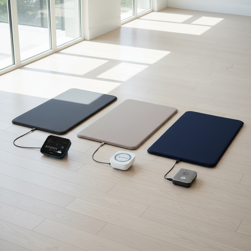 Three different PEMF therapy mats side-by-side for comparison on wood floor